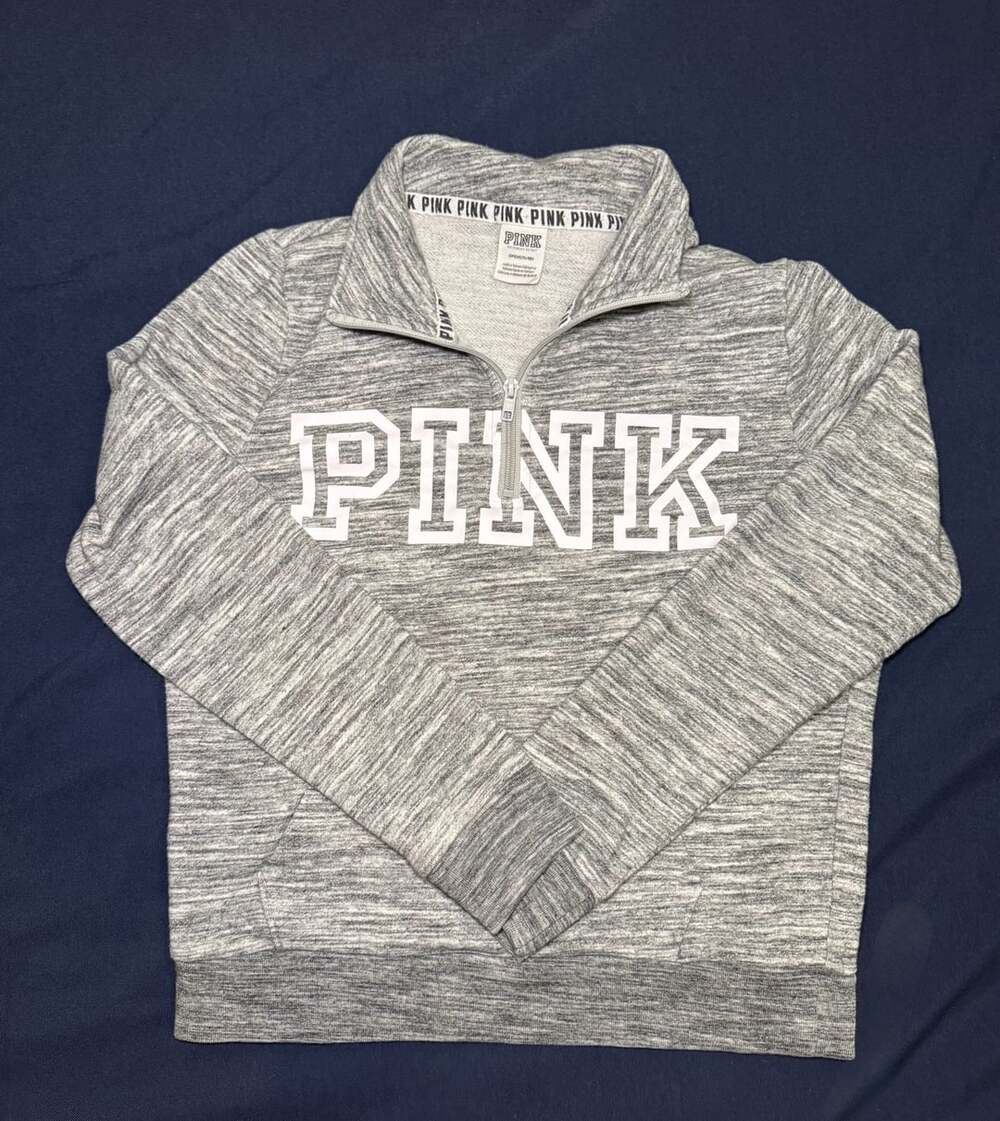 PINK Victoria’s Secret Gray Marled Quarter Zip Sweatshirt Small Y2K Varsity